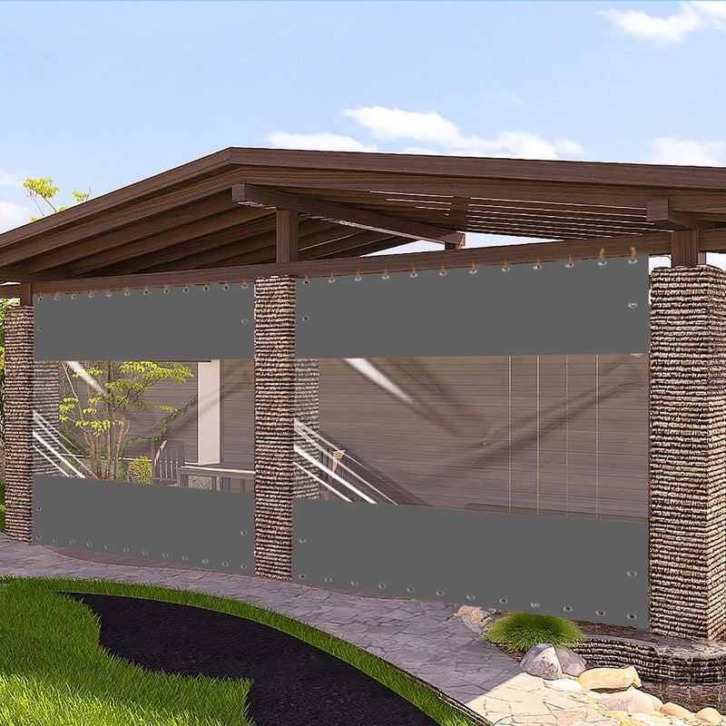 Ezcasch 20 Oz Outdoor Vinyl Curtain  Outdoor Clear Panel Curtain  Weather Resistant Outdoor Curtain for Pergola  Porch  Gazebos  with Rustproof Grommets (8'H x 8'W  Dark Gray) - Image 2